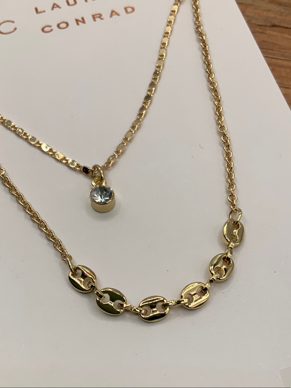 LC Lauren Conrad Gold Tone Chain Layered Disc & Crystal Pendant Necklace